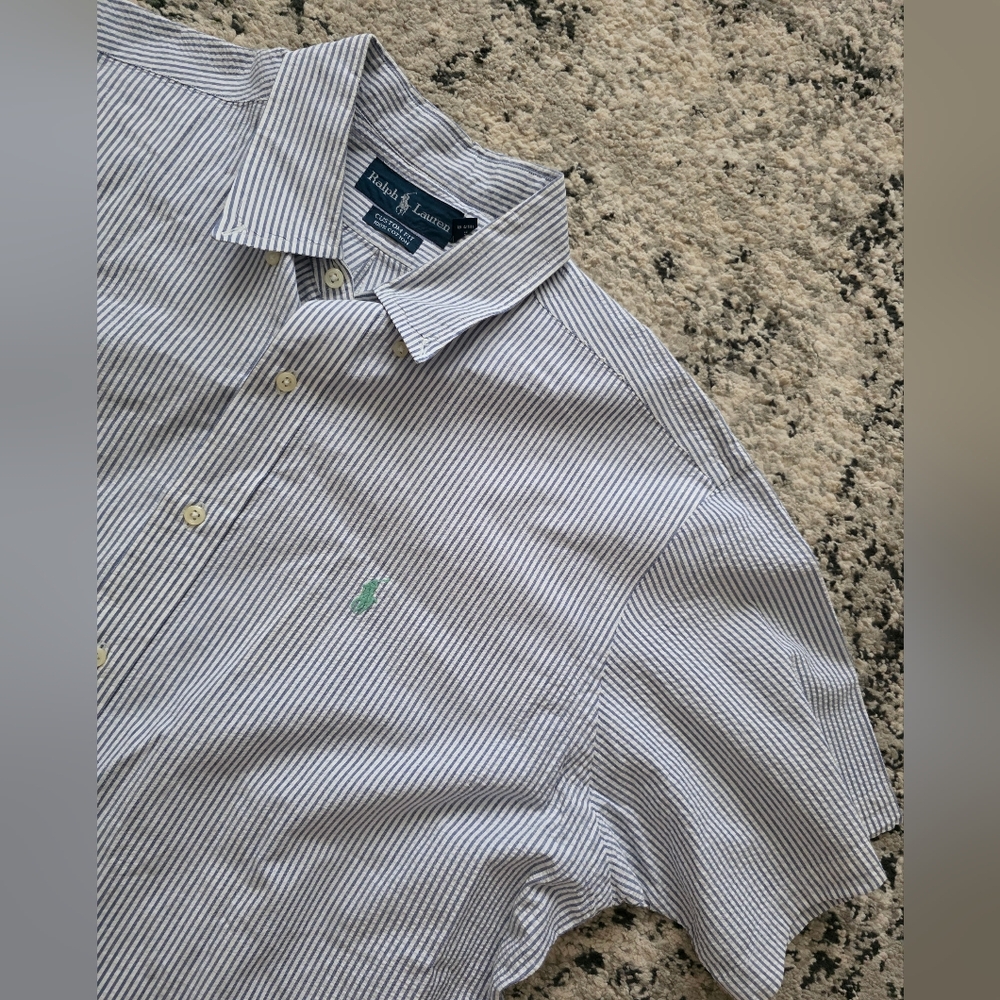 Vintage Ralph Lauren Blue White Stripe Button Down Shortsleeve Collared Shirt XL